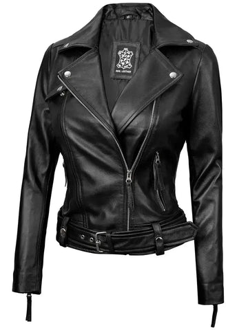 Angela Womens Black Belted Asymmetrical Leather Jacket Orca Cloths