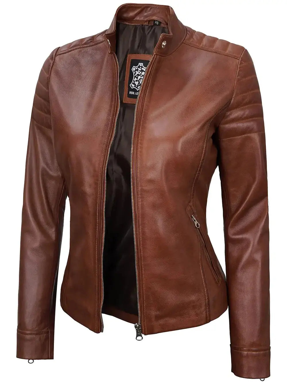 Carrie Women Cognac Brown Cafe Racer Leather Jacket - Orca Cloths
