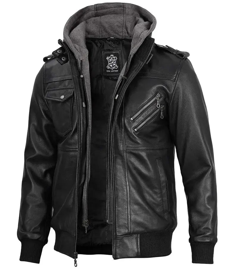Ferndale Men's Black Bomber Leather Jacket with Removable Hoodie - Orca Cloths