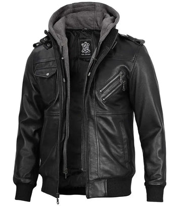 Ferndale Men's Black Bomber Leather Jacket with Removable Hoodie - Orca Cloths