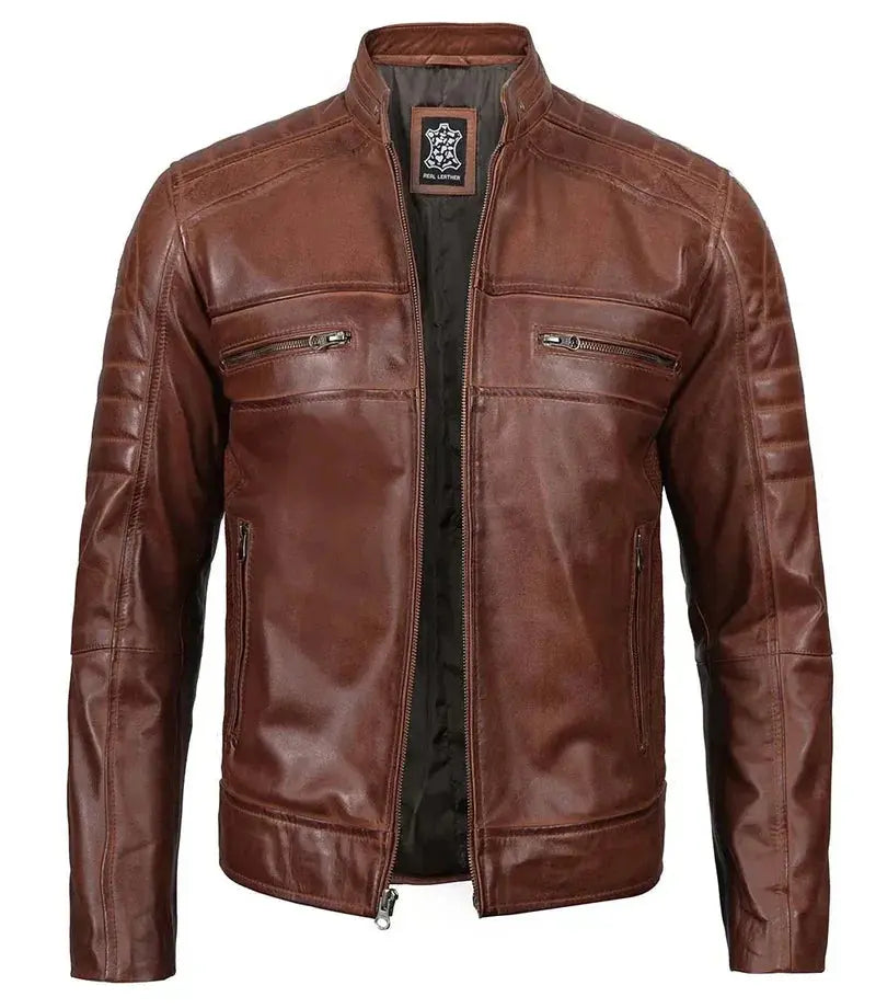 Austin Tall Men Cognac Brown Cafe Racer Leather Jacket - Orca Cloths