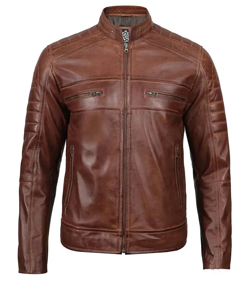 Austin Tall Men Cognac Brown Cafe Racer Leather Jacket - Orca Cloths