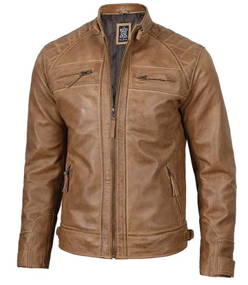 Diamond Men's Distressed Camel Brown Cafe Racer Leather Jacket