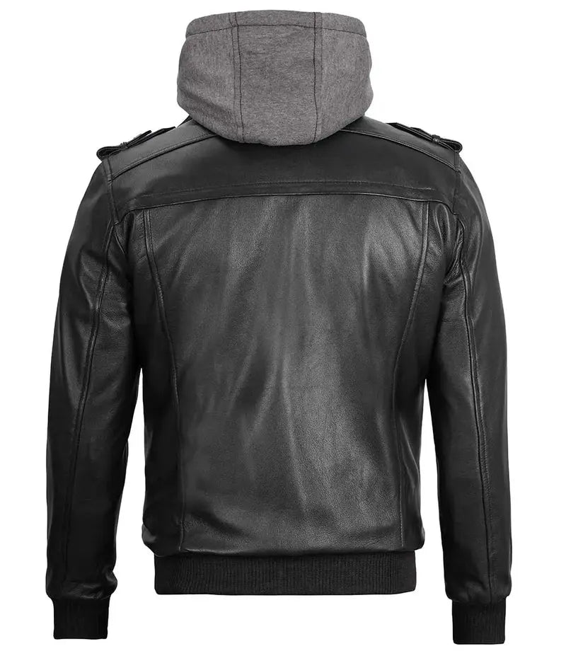 Ferndale Men's Black Bomber Leather Jacket with Removable Hoodie - Orca Cloths