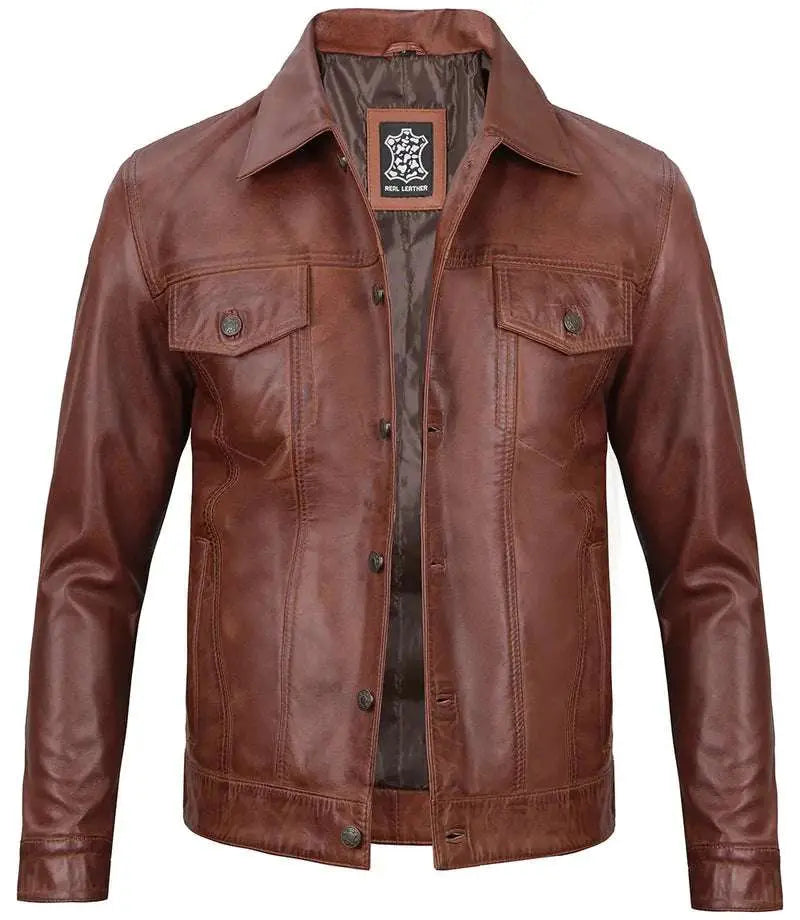 Felix Cognac Brown Cafe Racer Leather Jacket