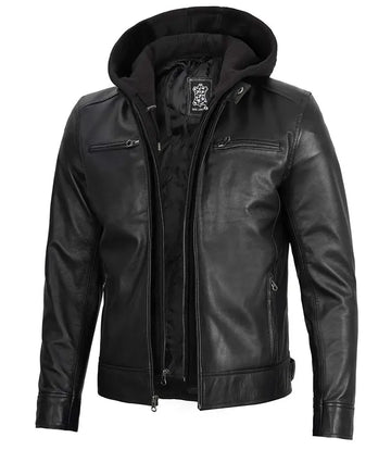Dodge Men's Black Moto Leather Jacket With Hood - Orca Cloths