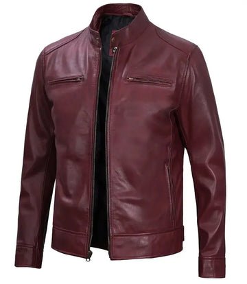 Dodge Men's Maroon Cafe Racer Leather Jacket - Orca Cloths