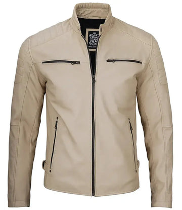 Felix Beige Cafe Racer Leather Jacket - Orca Cloths