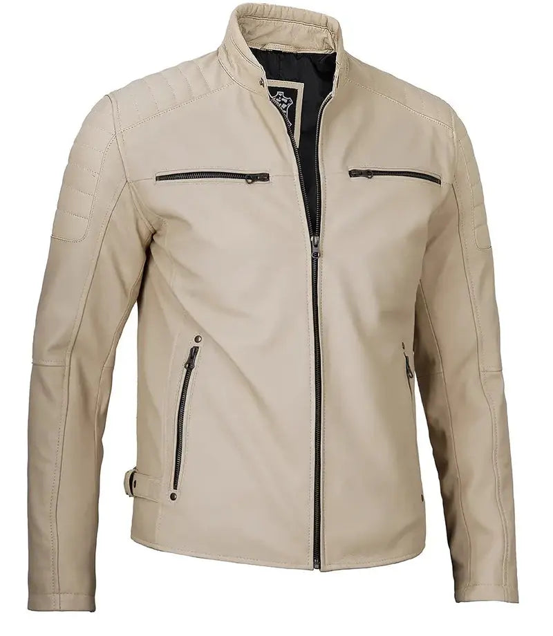Felix Beige Cafe Racer Leather Jacket - Orca Cloths