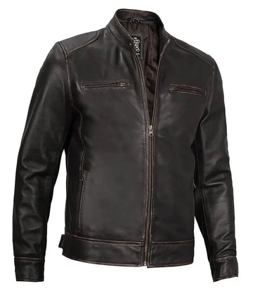 Dodge Mens Rub-off Dark Brown Leather Cafe Racer Jacket - Orca Cloths