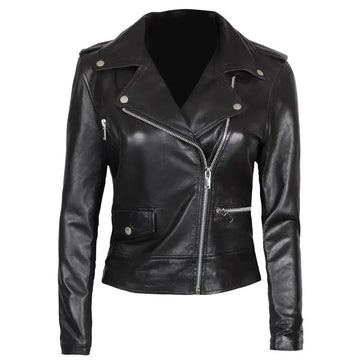 Amber Women Asymmetrical Black Biker Leather Jacket Orca Cloths