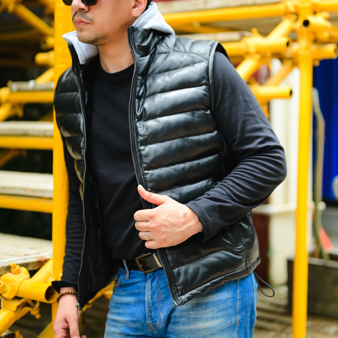 Jild Men's Leather Puffer Vest with Removable Hood