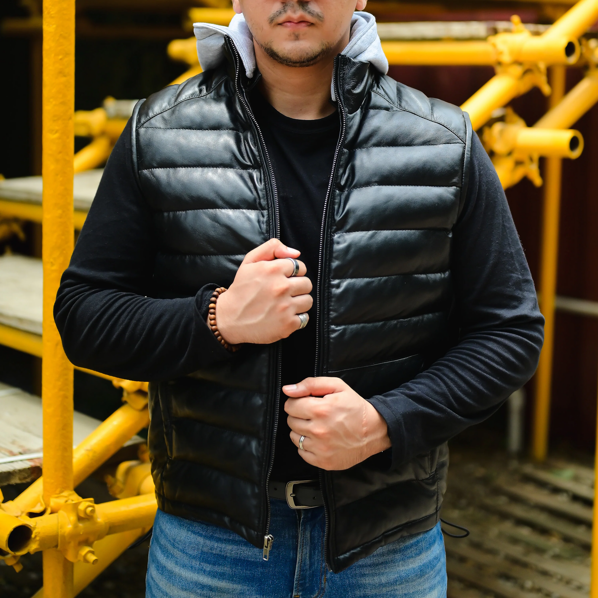 Jild Men's Leather Puffer Vest with Removable Hood
