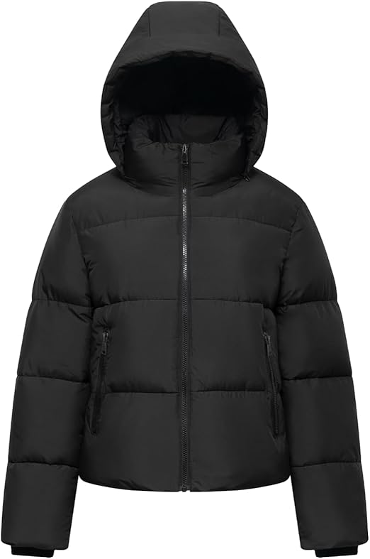 PUFFIT Women's Puffer Jackets,Warm Winter Jacket with Removable Hood,Zipped Pockets,Short Ladies Quilted Coat