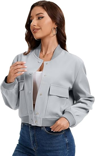 Women’s Varsity Jacket – Casual Long Sleeve Button Down Coat with Pockets
