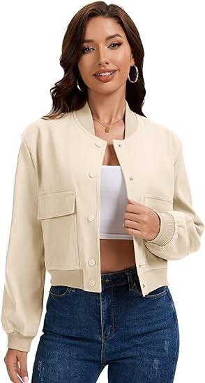 Women’s Varsity Jacket – Casual Long Sleeve Button Down Coat with Pockets