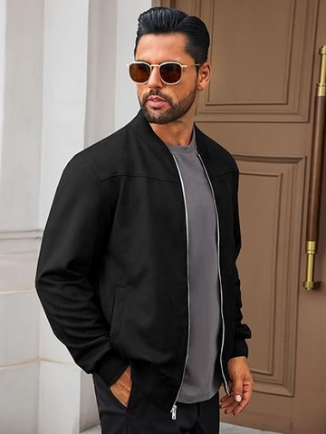 Men’s  Varsity Suede Bomber Jacket – Lightweight Vintage Coat with Full Zip & Pockets