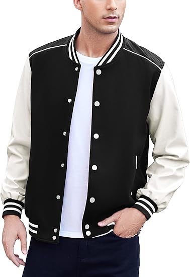 Men's Varsity Jacket Casual Leather Sleeve Baseball Letterman Bomber Jacket Coat