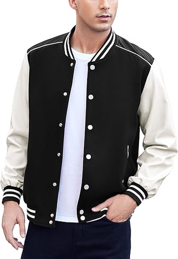 Men's Varsity Jacket Casual Leather Sleeve Baseball Letterman Bomber Jacket Coat