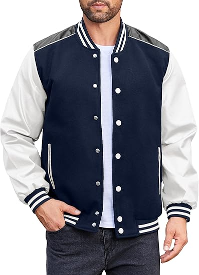 Men's Varsity Jacket Casual Leather Sleeve Baseball Letterman Bomber Jacket Coat