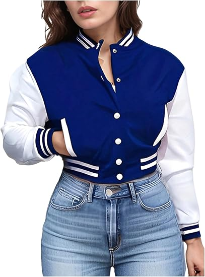 Women’s Varsity Baseball Jacket – Cropped Colorblock Letterman Bomber with Button Down Closure