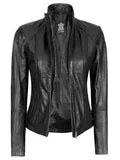 Acerra Women's Black Leather Cafe Racer Biker Jacket Orca Cloths