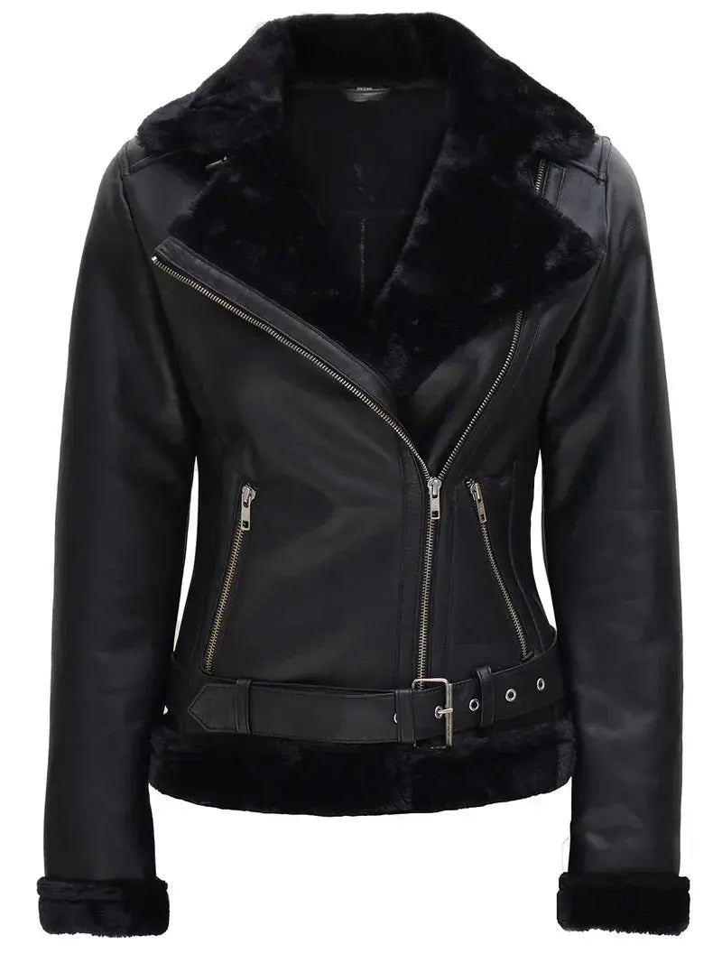 Agnes Womens Black Leather Shearling Jacket Orca Cloths