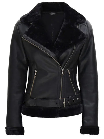 Agnes Womens Black Leather Shearling Jacket Orca Cloths