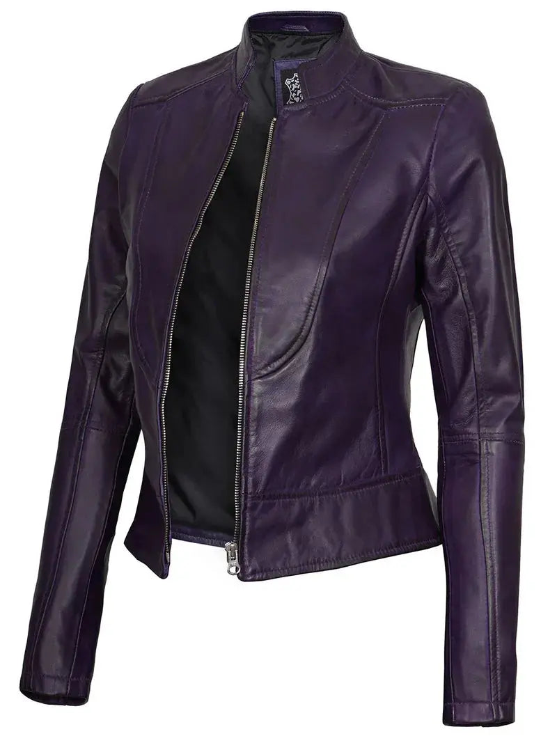 Amy Womens Cafe Racer Fitted Purple Leather Jacket Orca Cloths