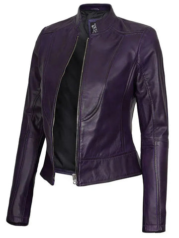 Amy Womens Cafe Racer Fitted Purple Leather Jacket Orca Cloths