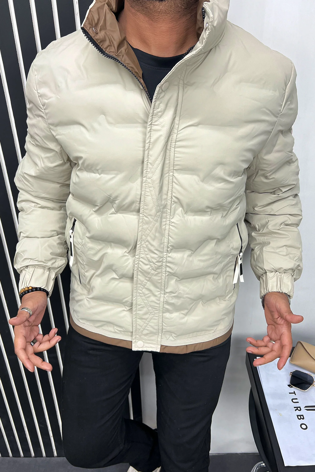 Men's Puffer Jacket – Parachute Fabric with Mock Neck (No Hood)