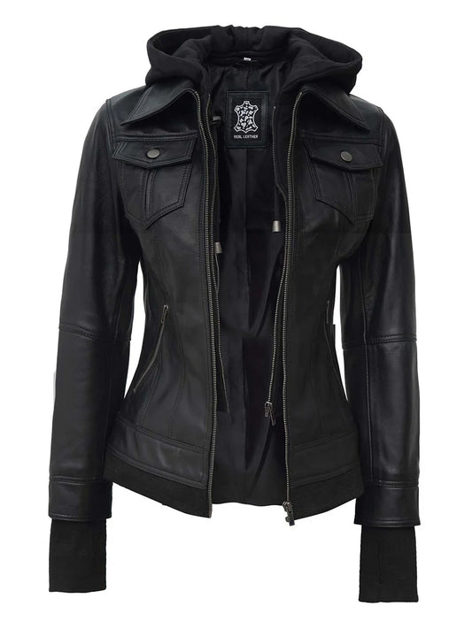 Tall Women's Black Motorcycle Leather Jacket with Hood