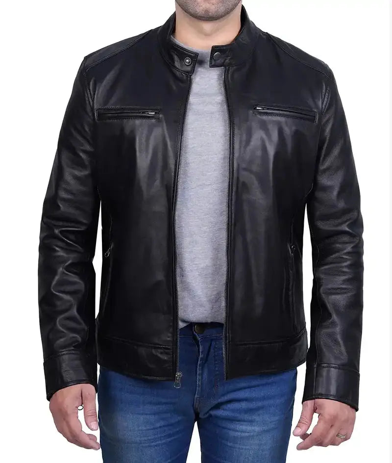 Dodge Mens Black Cafe Racer Leather Biker Jacket - Orca Cloths