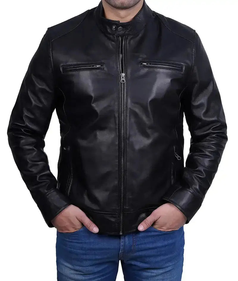 Dodge Mens Black Cafe Racer Leather Biker Jacket - Orca Cloths