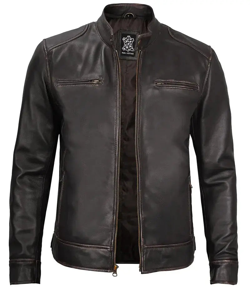 Dodge Mens Rub-off Dark Brown Leather Cafe Racer Jacket - Orca Cloths