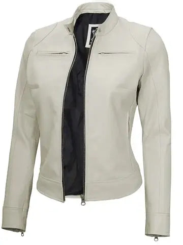 Dodge Women's Off White Cafe Racer Motorcycle Leather Jacket - Orca Cloths