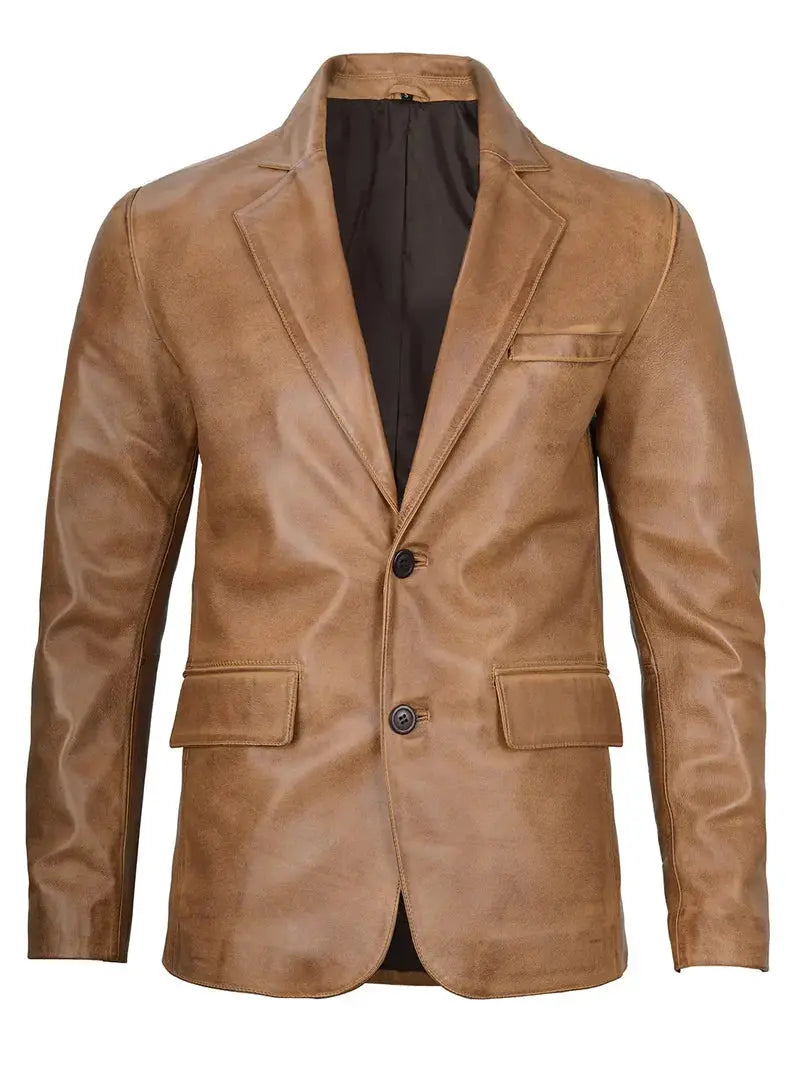Camel Brown Real Leather Two Button Blazer - Orca Cloths