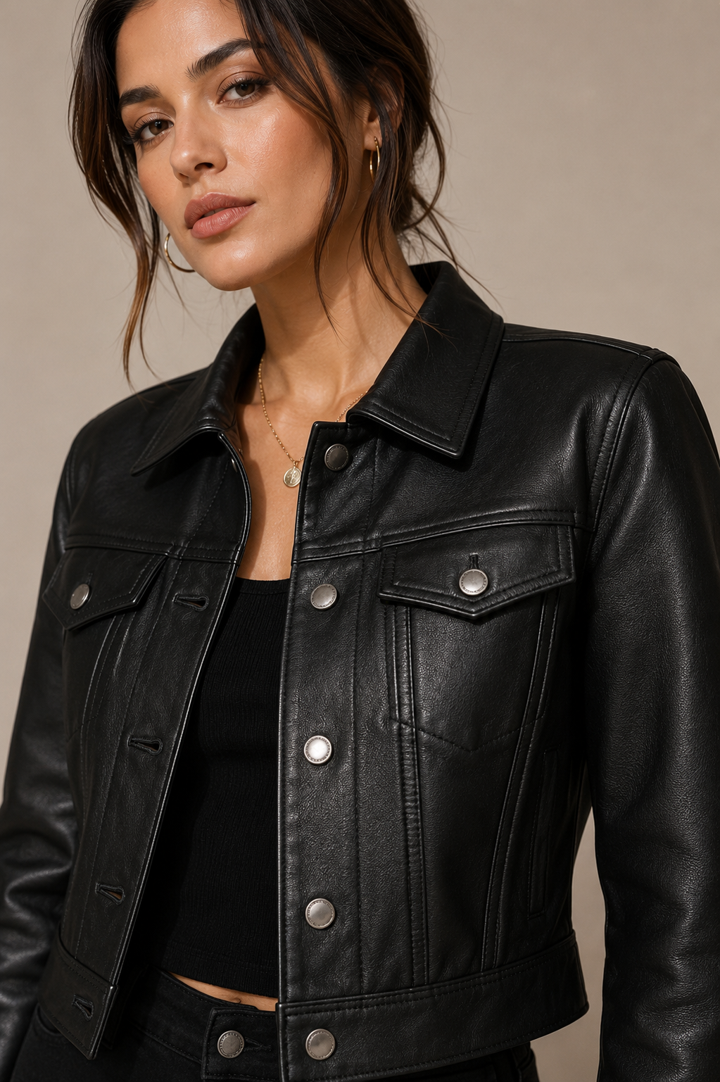 Women's Black Leather Cropped Trucker Jacket | Orca Leather Collection