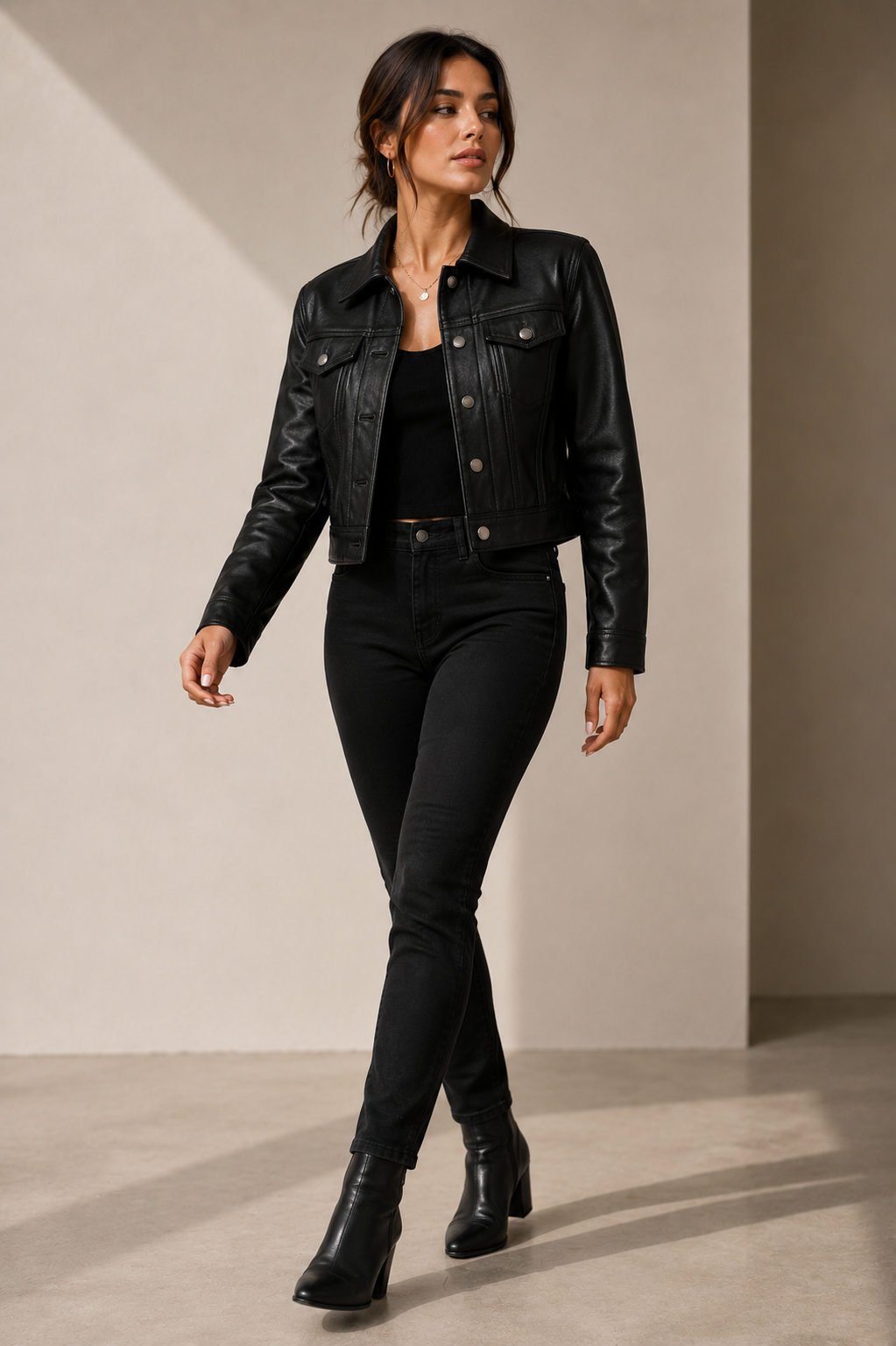Women's Black Leather Cropped Trucker Jacket | Orca Leather Collection