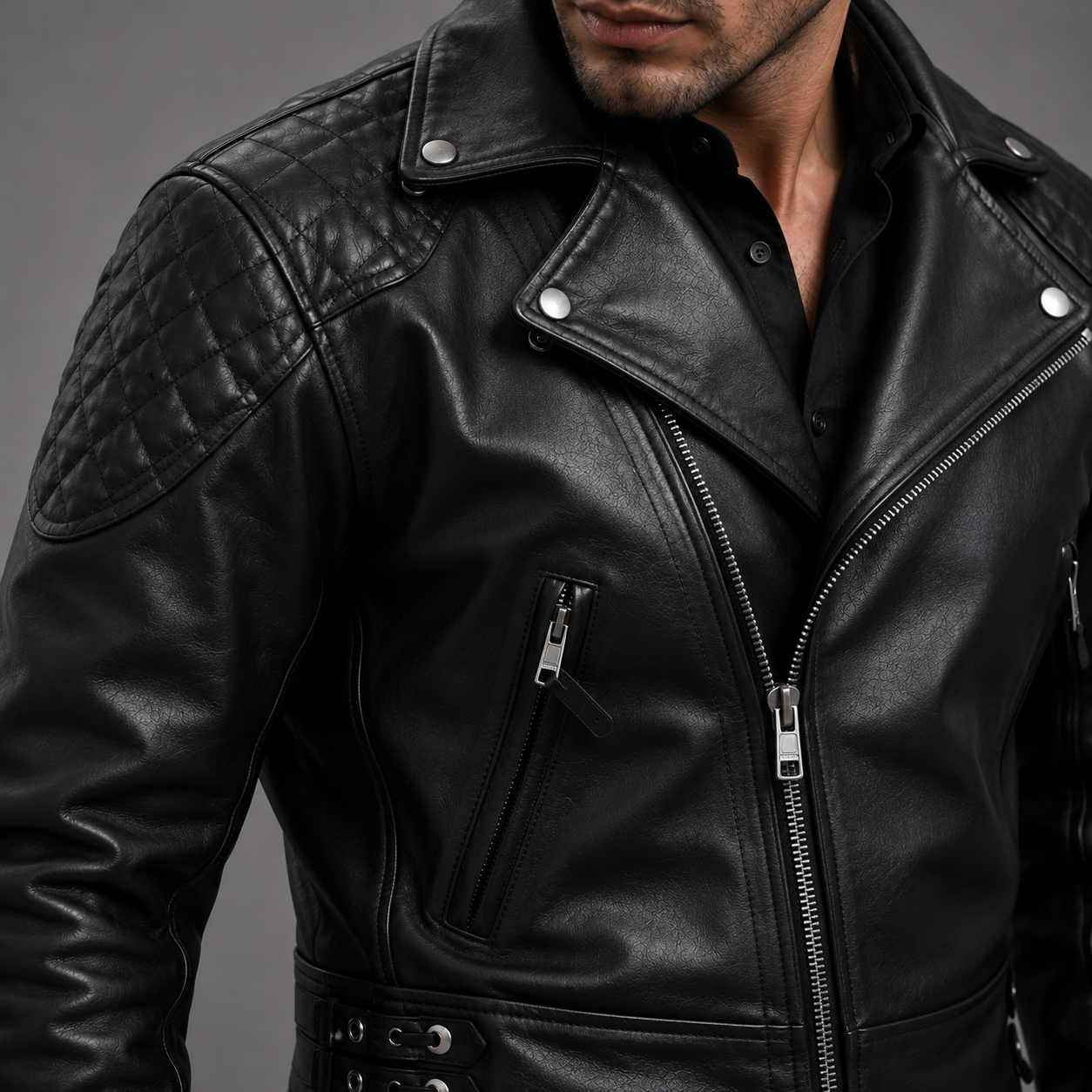 Men's Black Leather Quilted Biker Jacket | Orca Leather Collection