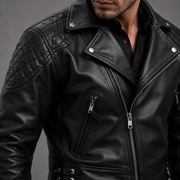 Men's Black Leather Quilted Biker Jacket | Orca Leather Collection