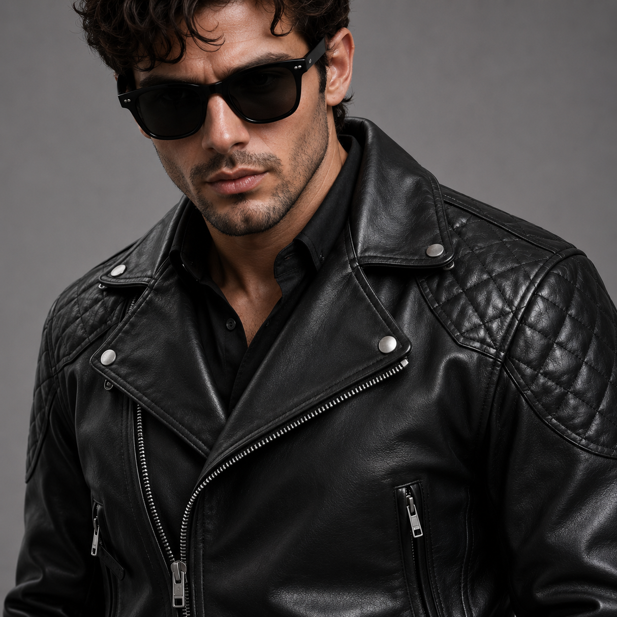 Men's Black Leather Quilted Biker Jacket | Orca Leather Collection