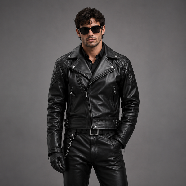 Men's Black Leather Quilted Biker Jacket | Orca Leather Collection