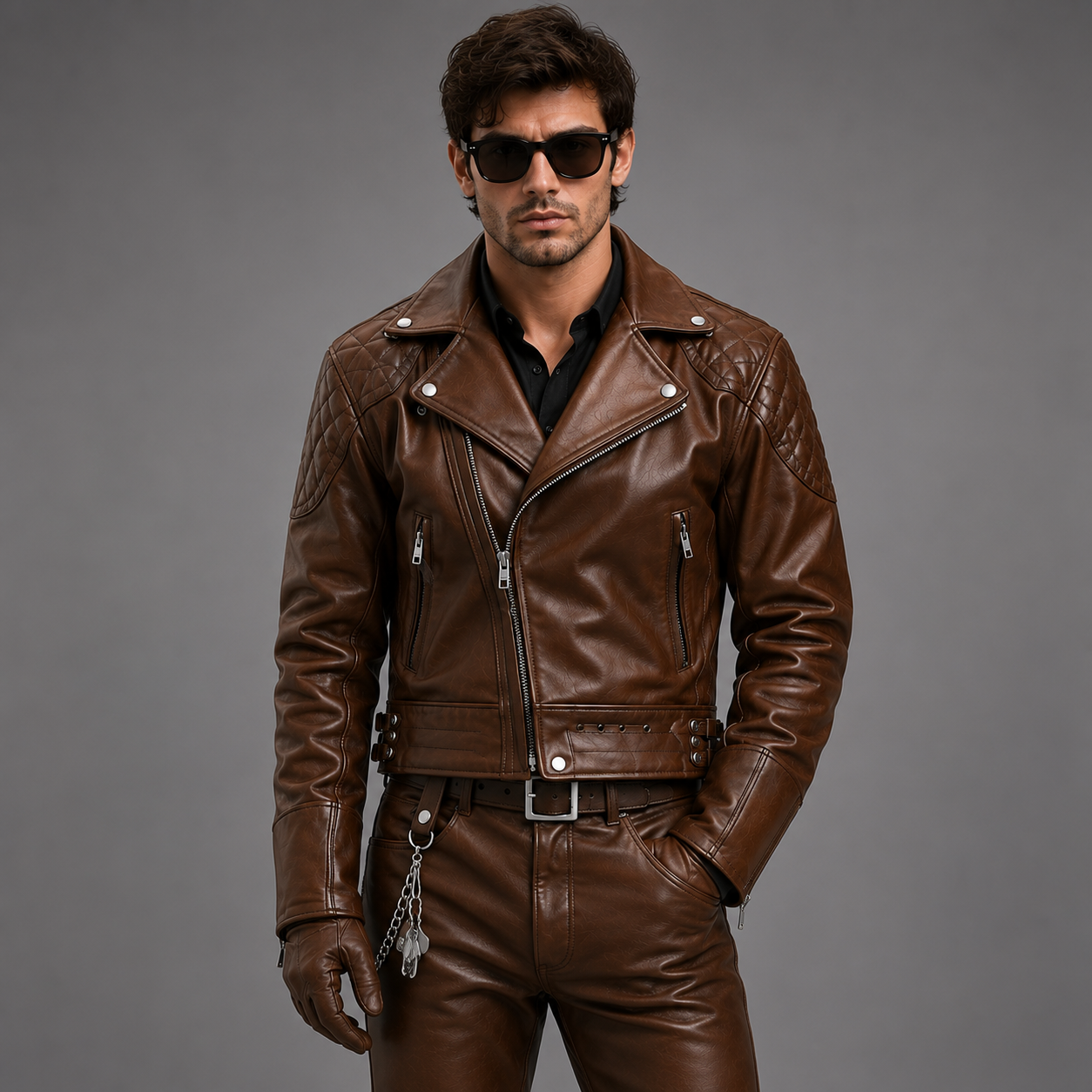 Men's Brown Leather Quilted Biker Jacket | Orca Leather Collection