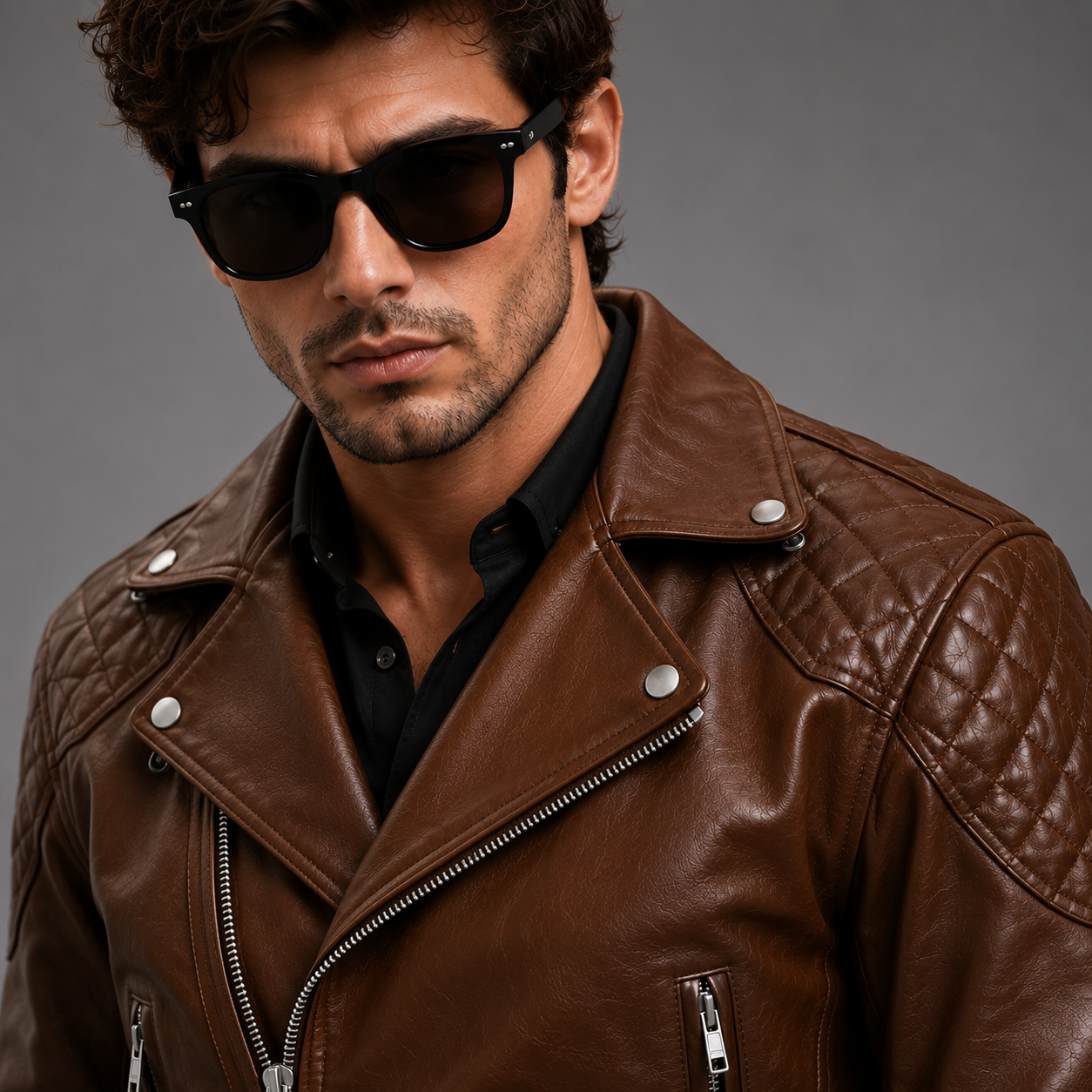 Men's Brown Leather Quilted Biker Jacket | Orca Leather Collection
