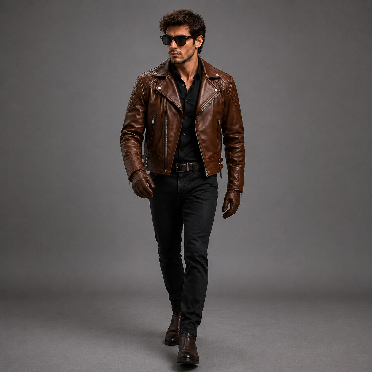 Men's Brown Leather Quilted Biker Jacket | Orca Leather Collection