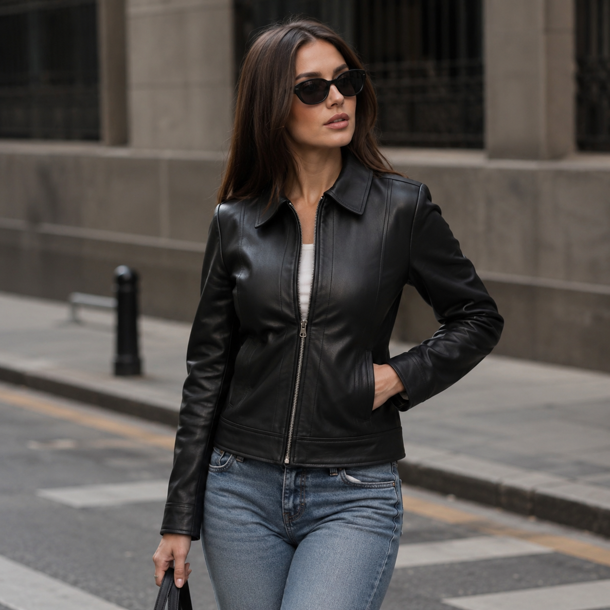 Women's Black Leather Moto Jacket | Orca Leather Collection