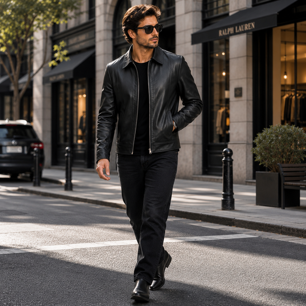 Men's Black Leather Shirt Collar Jacket | Orca Leather Collection