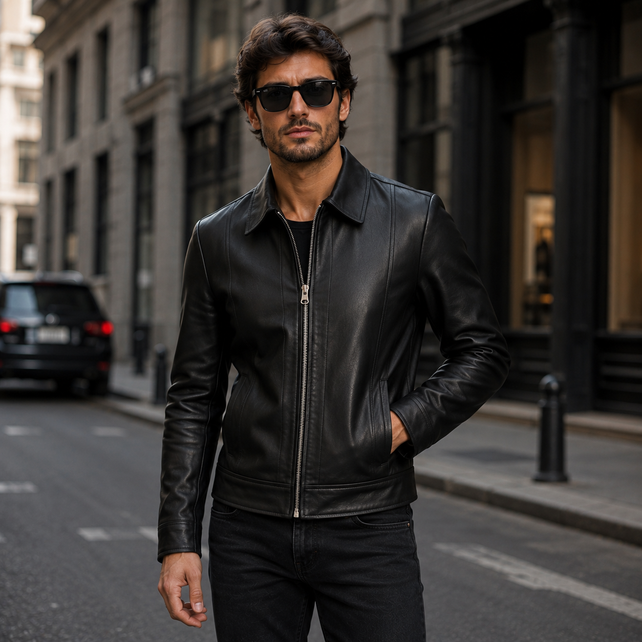 Men's Black Leather Shirt Collar Jacket | Orca Leather Collection