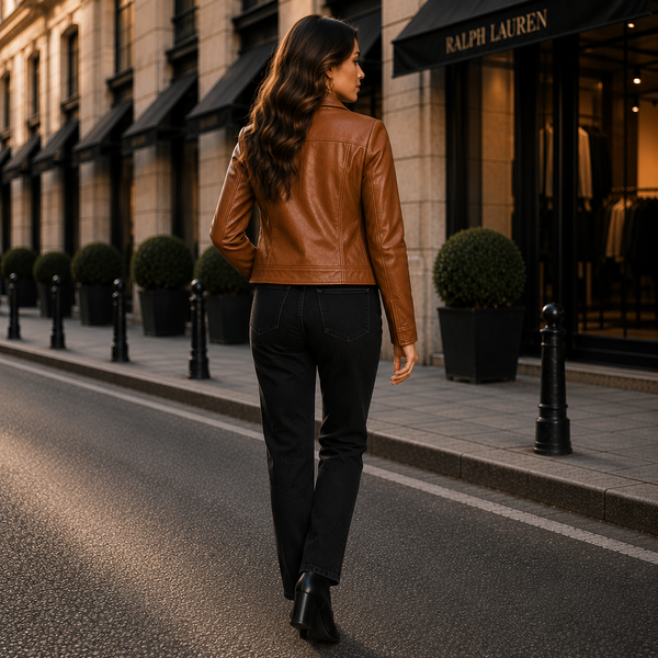 Women's Brown Leather Moto Jacket | Orca Leather Collection